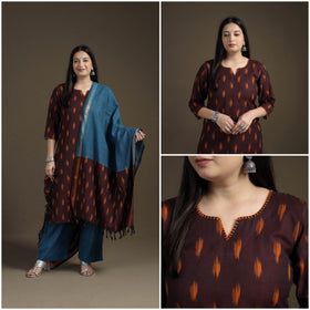 Hand Embroidered Pochampally Ikat Cotton Kurta with Palazzo & Dupatta Suit Set for Women 02