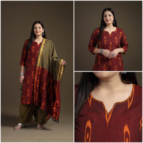 Hand Embroidered Pochampally Ikat Cotton Kurta with Palazzo & Dupatta Suit Set for Women 01
