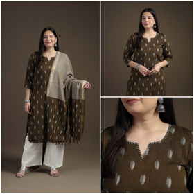 Hand Embroidered Pochampally Ikat Cotton Kurta with Palazzo & Dupatta Suit Set for Women 06