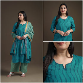 Blue - Hand Embroidered Pochampally Ikat Cotton Kurta with Palazzo & Dupatta Suit Set for Women 04