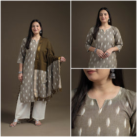 Hand Embroidered Pochampally Ikat Cotton Kurta with Palazzo & Dupatta Suit Set for Women 05