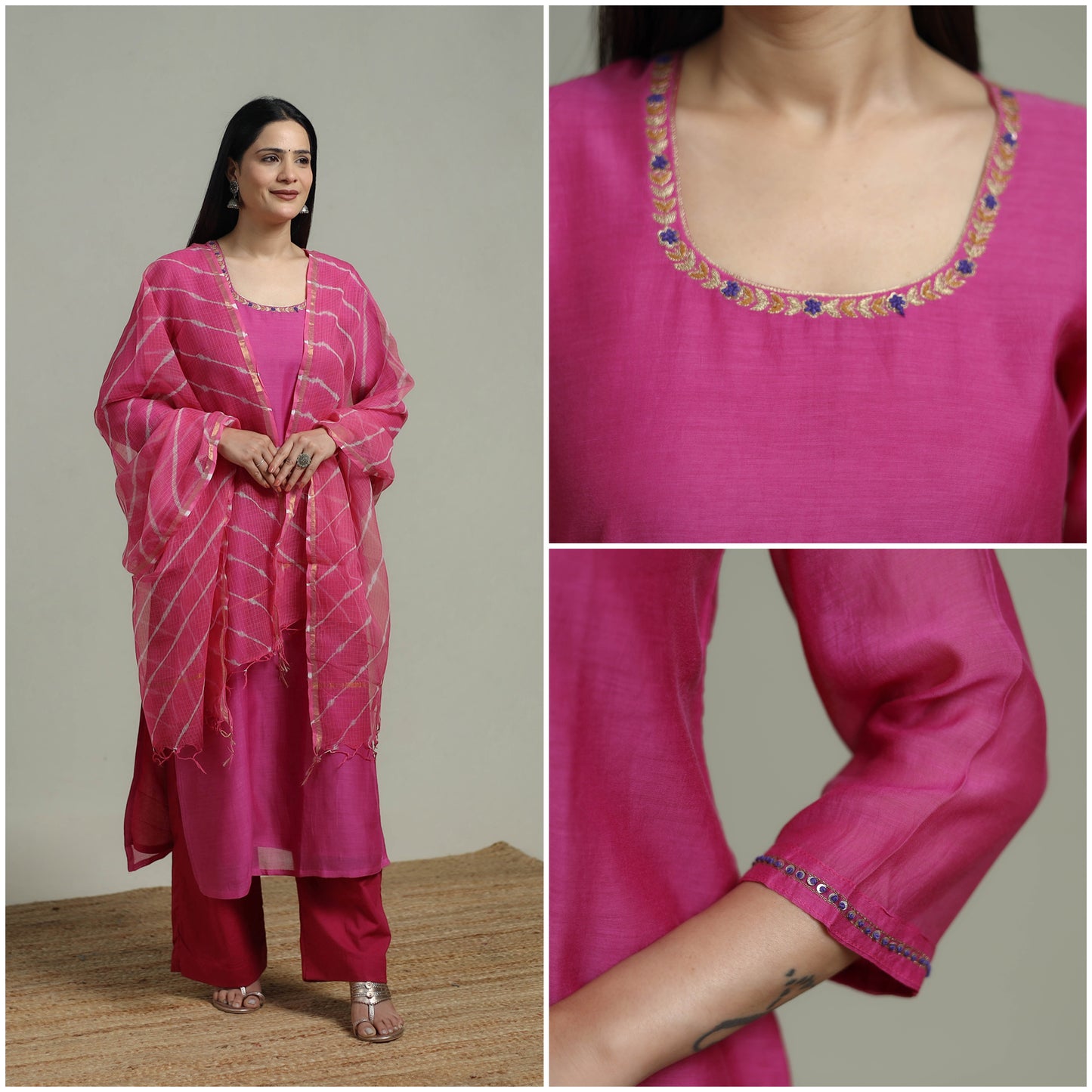 Pink - Plain Handloom Mul Chanderi Silk Hand Embroidered Suit Set with Dupatta for women 01