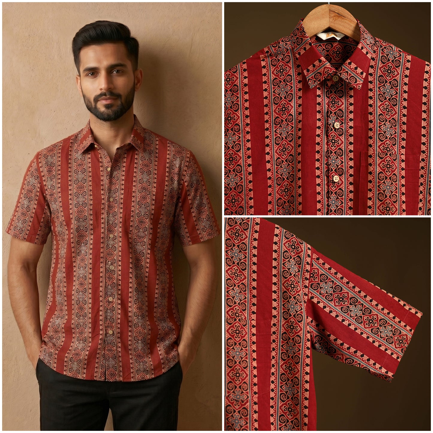 Natural Dyed Hand Block Print Cotton Men Half Sleeve Ajrakh Shirt 11