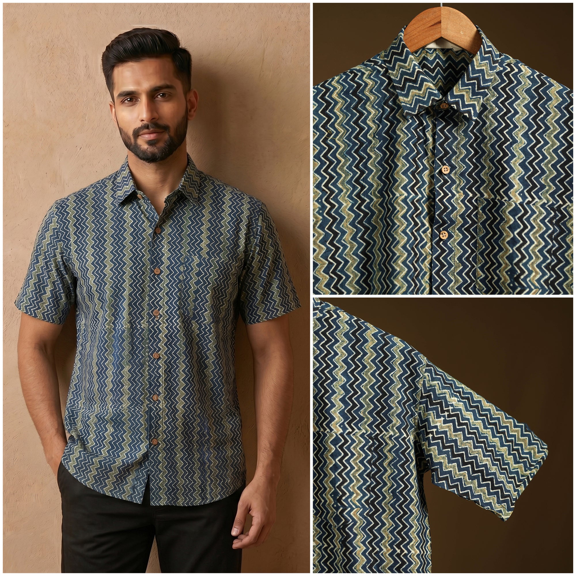 Natural Dyed Hand Block Print Cotton Men Half Sleeve Ajrakh Shirt 03