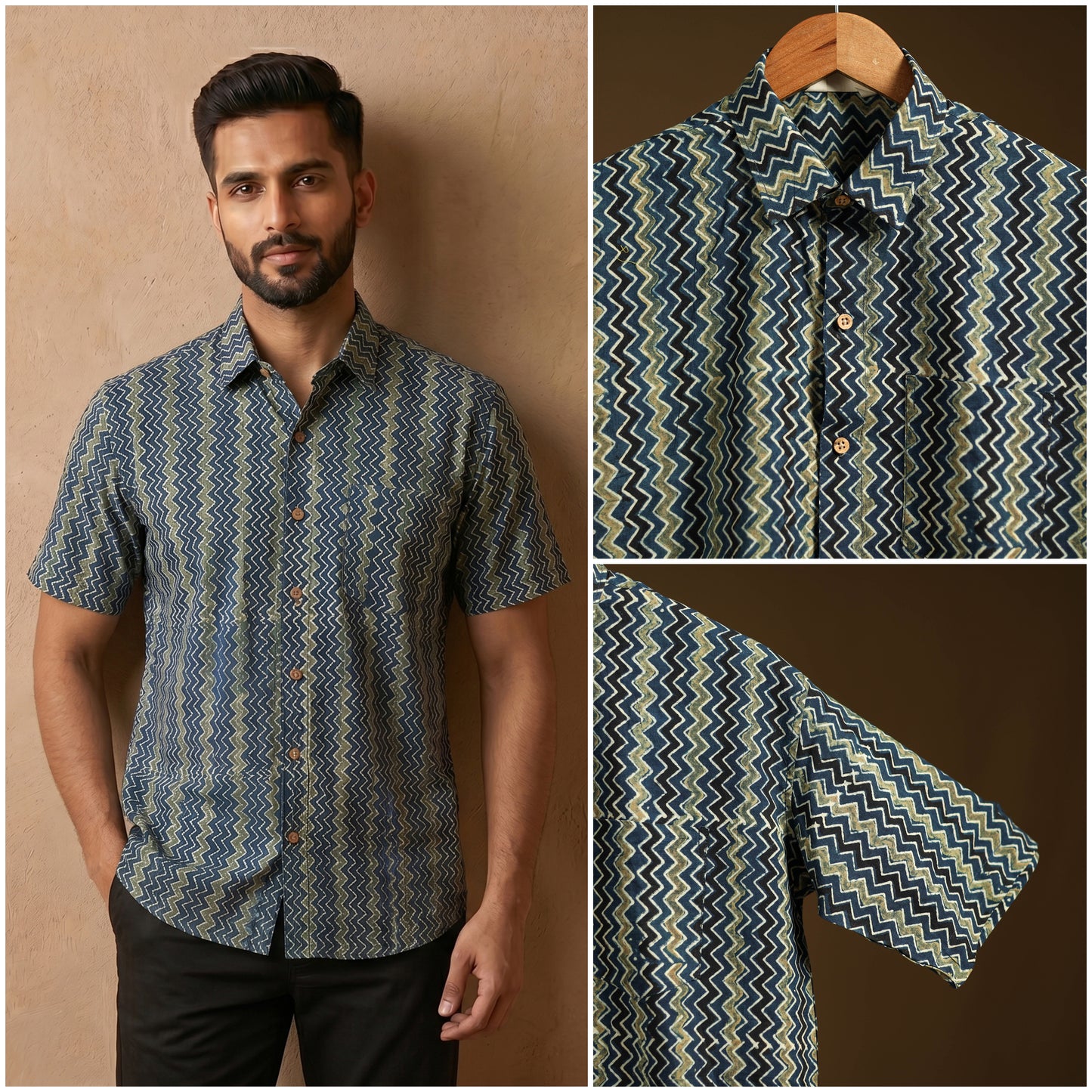 Natural Dyed Hand Block Print Cotton Men Half Sleeve Ajrakh Shirt 03