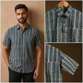 Natural Dyed Hand Block Print Cotton Men Half Sleeve Ajrakh Shirt 03
