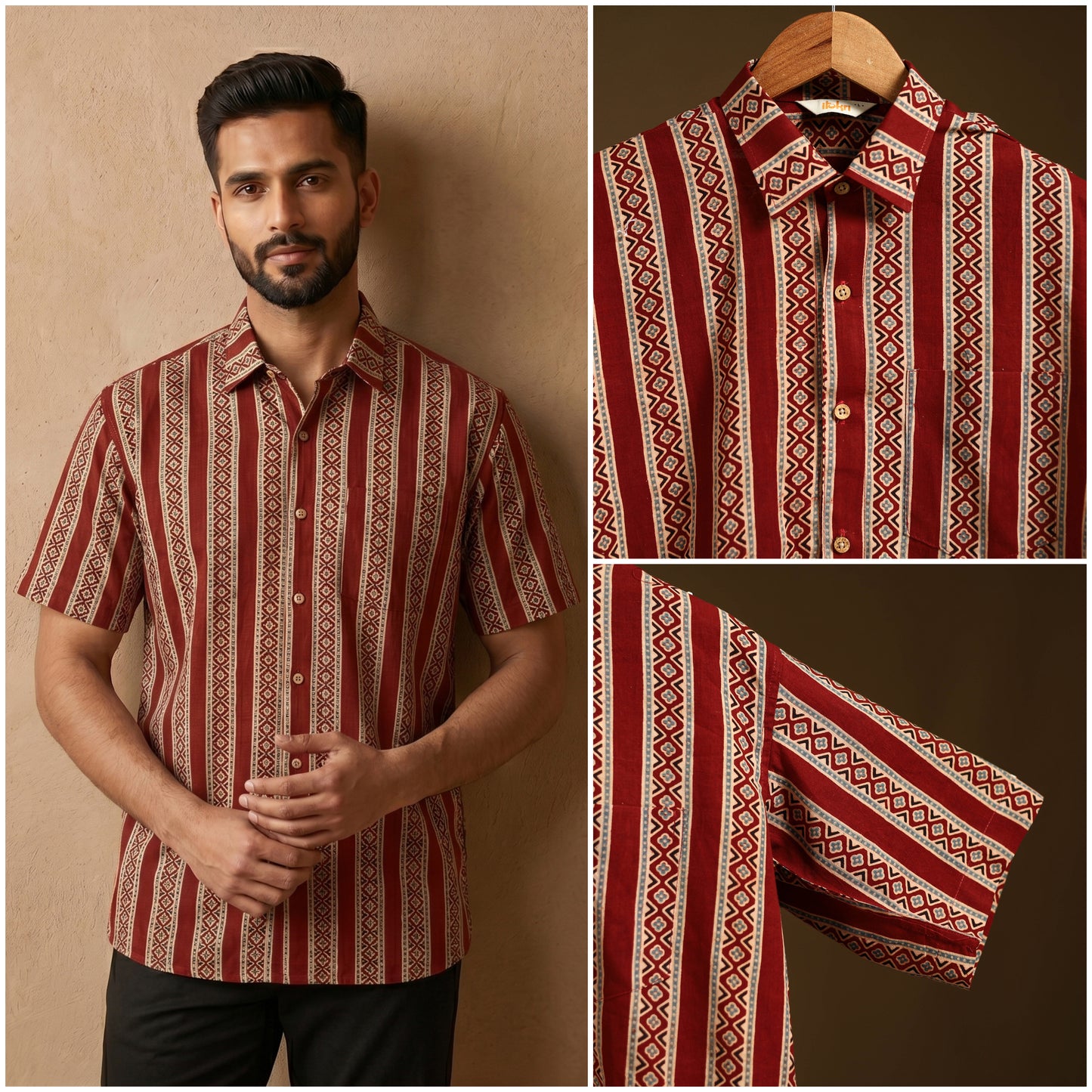 Natural Dyed Hand Block Print Cotton Men Half Sleeve Ajrakh Shirt 08
