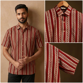 Natural Dyed Hand Block Print Cotton Men Half Sleeve Ajrakh Shirt 08