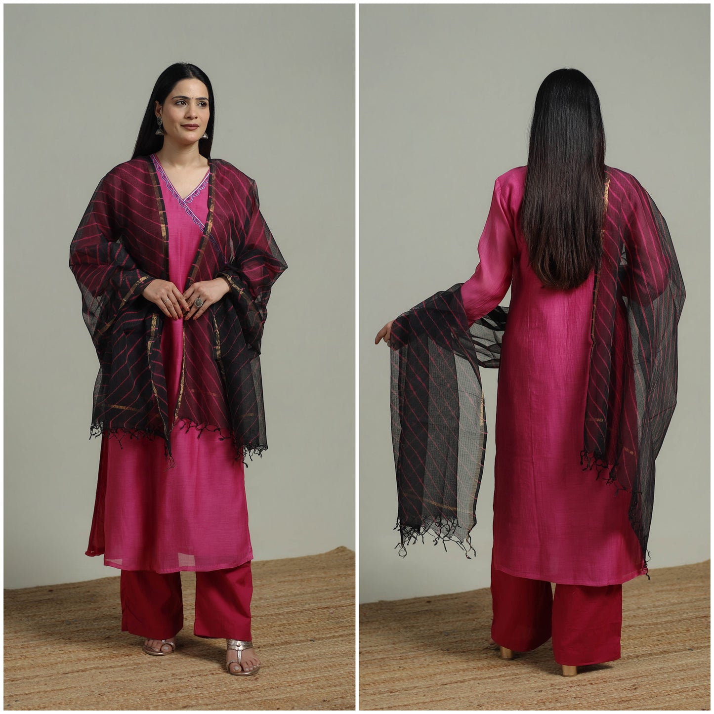 Pink - Plain Handloom Mul Chanderi Silk Hand Embroidered Suit Set with Dupatta for women 03