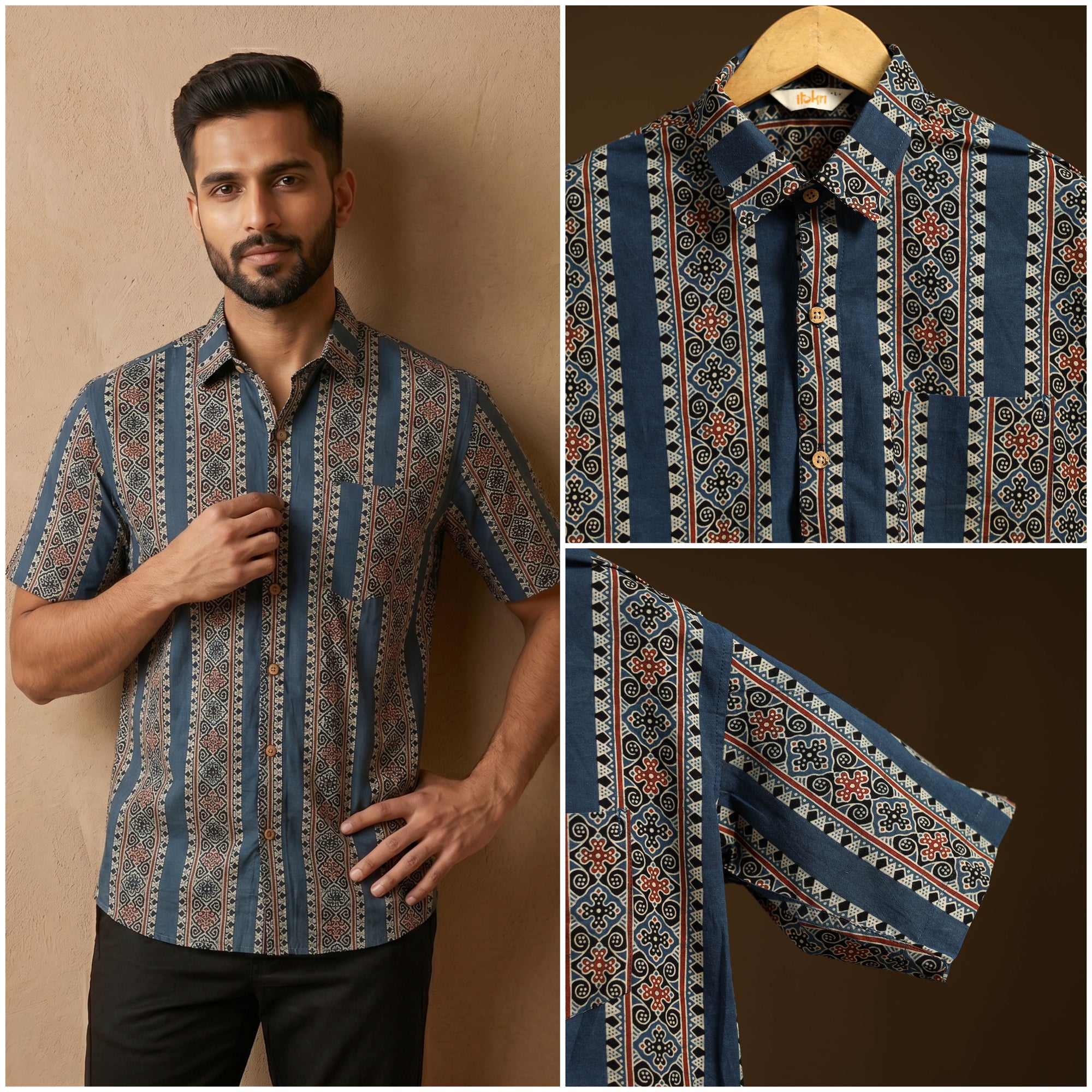 Natural Dyed Hand Block Print Cotton Men Half Sleeve Ajrakh Shirt 14