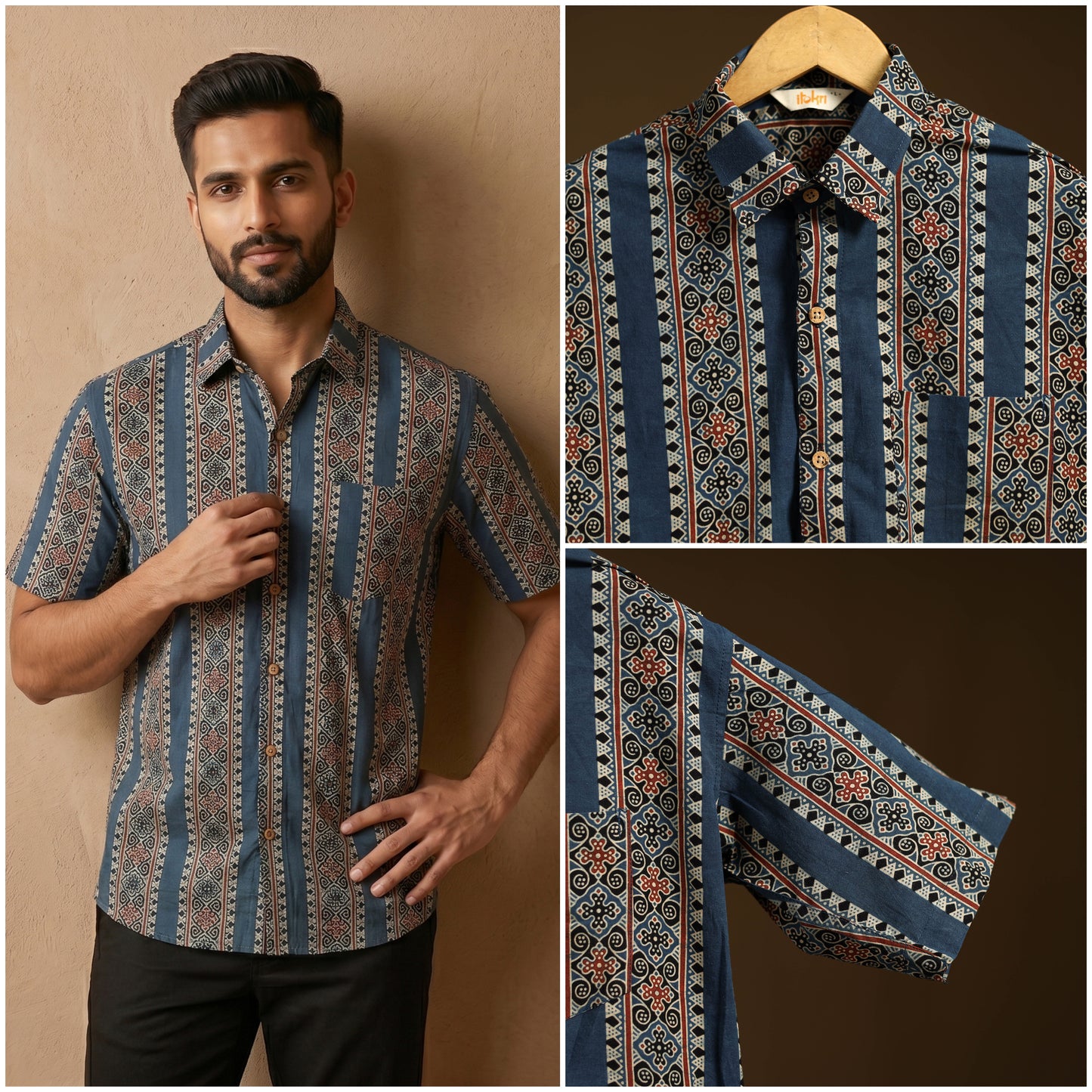 Natural Dyed Hand Block Print Cotton Men Half Sleeve Ajrakh Shirt 14