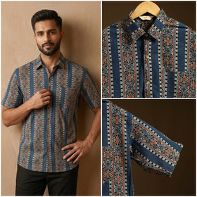 Natural Dyed Hand Block Print Cotton Men Half Sleeve Ajrakh Shirt 14