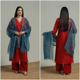 Red - Plain Handloom Mul Chanderi Silk Hand Embroidered Suit Set with Dupatta for women 05