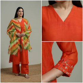 Orange - Plain Handloom Mul Chanderi Silk Hand Embroidered Suit Set with Dupatta for women 09