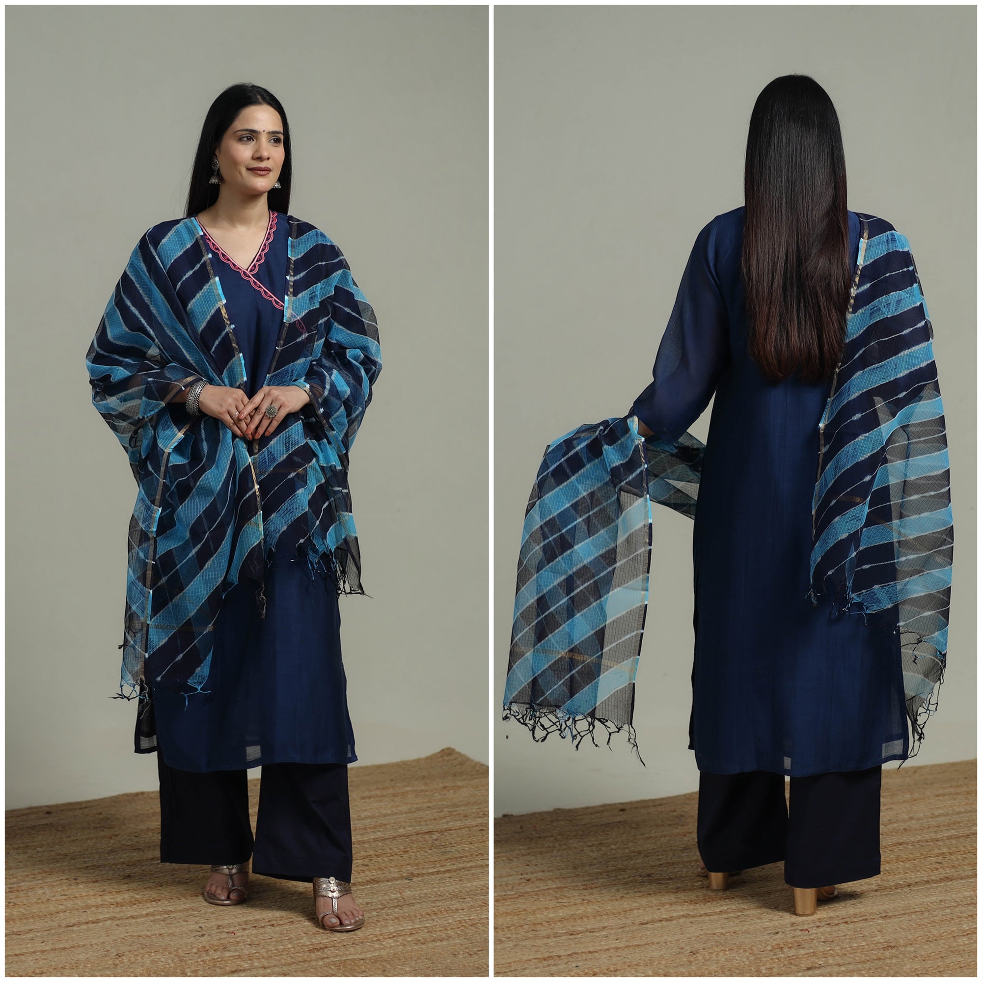 Blue - Plain Handloom Mul Chanderi Silk Hand Embroidered Suit Set with Dupatta for women 07