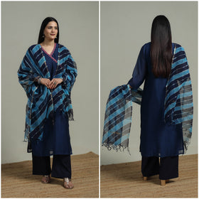 Blue - Plain Handloom Mul Chanderi Silk Hand Embroidered Suit Set with Dupatta for women 07