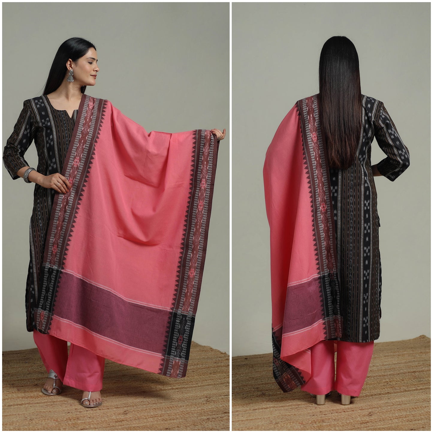 Black - Sambalpuri Ikat Pure Cotton Suit Set with Dupatta for women 10