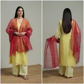 Yellow - Plain Handloom Mul Chanderi Silk Hand Embroidered Suit Set with Dupatta for women 06