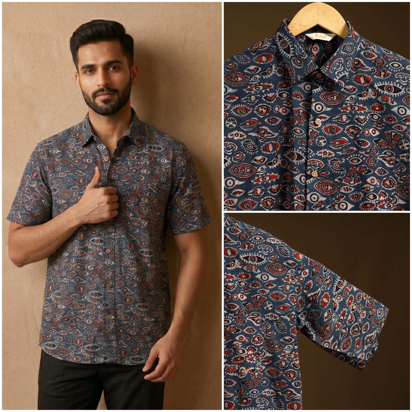 Natural Dyed Hand Block Print Cotton Men Half Sleeve Ajrakh Shirt 02