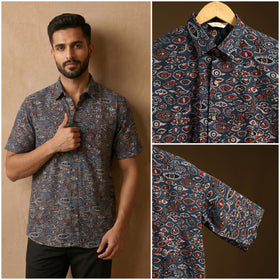 Natural Dyed Hand Block Print Cotton Men Half Sleeve Ajrakh Shirt 02