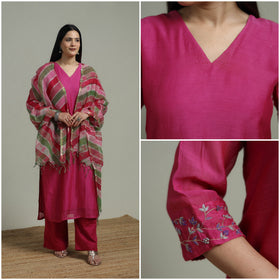 Pink - Plain Handloom Mul Chanderi Silk Hand Embroidered Suit Set with Dupatta for women 04