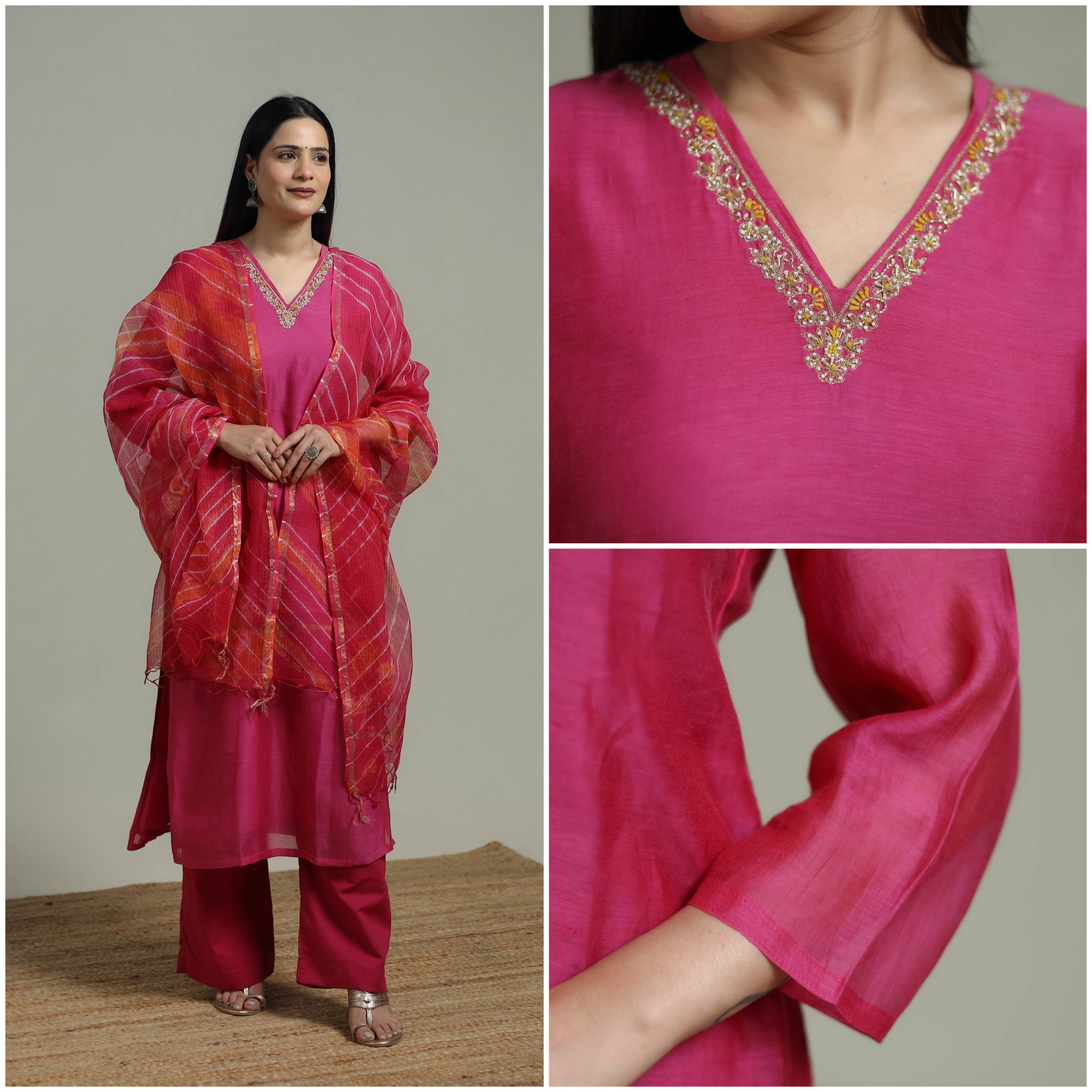 Pink - Plain Handloom Mul Chanderi Silk Hand Embroidered Suit Set with Dupatta for women 02