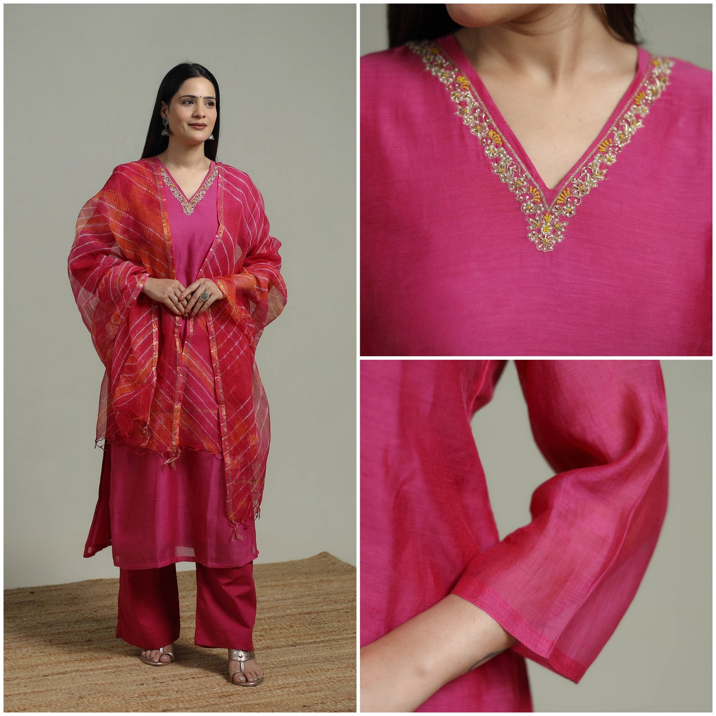 Pink - Plain Handloom Mul Chanderi Silk Hand Embroidered Suit Set with Dupatta for women 02