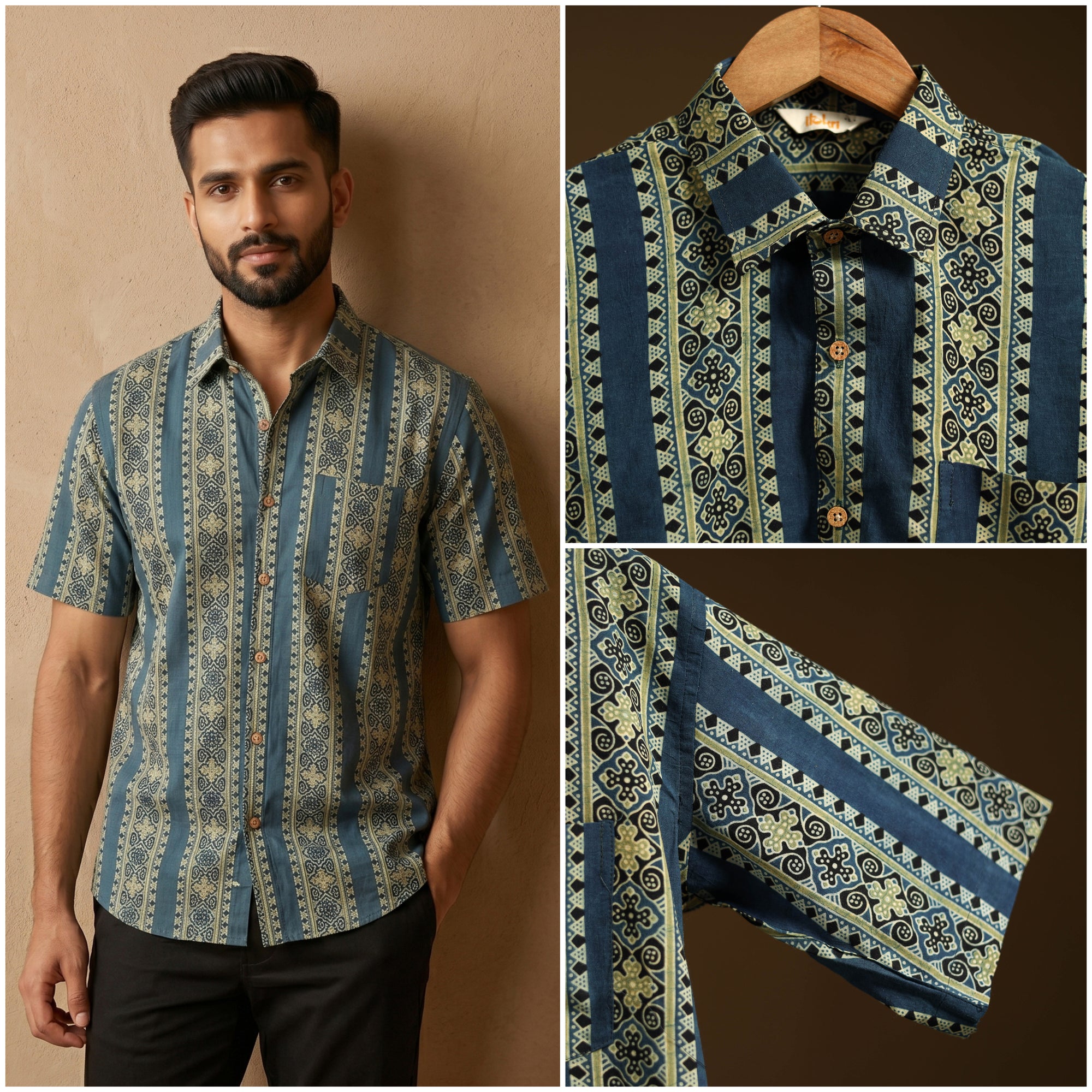 Natural Dyed Hand Block Print Cotton Men Half Sleeve Ajrakh Shirt 04