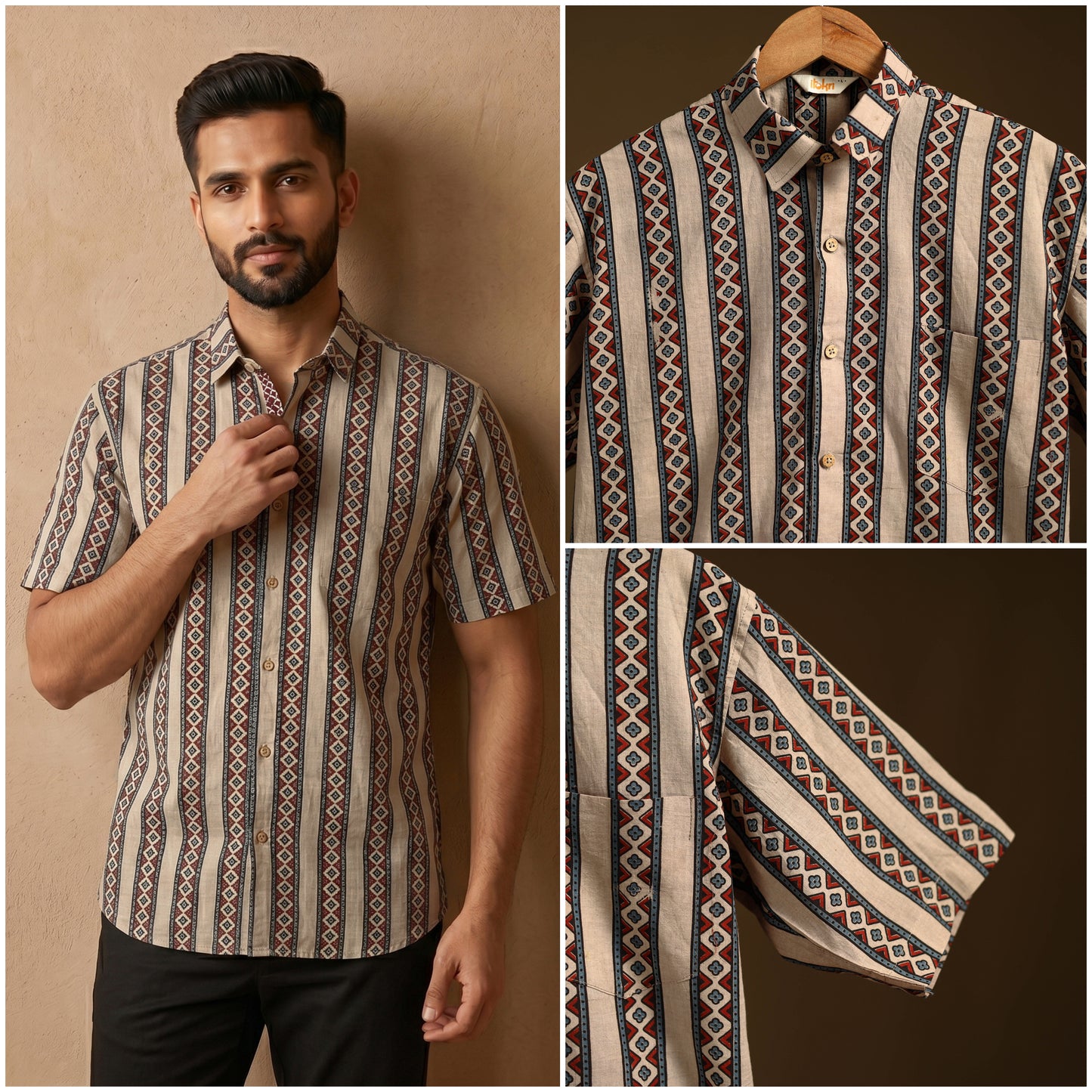Natural Dyed Hand Block Print Cotton Men Half Sleeve Ajrakh Shirt 06