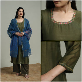 Green - Plain Handloom Mul Chanderi Silk Hand Embroidered Suit Set with Dupatta for women 08