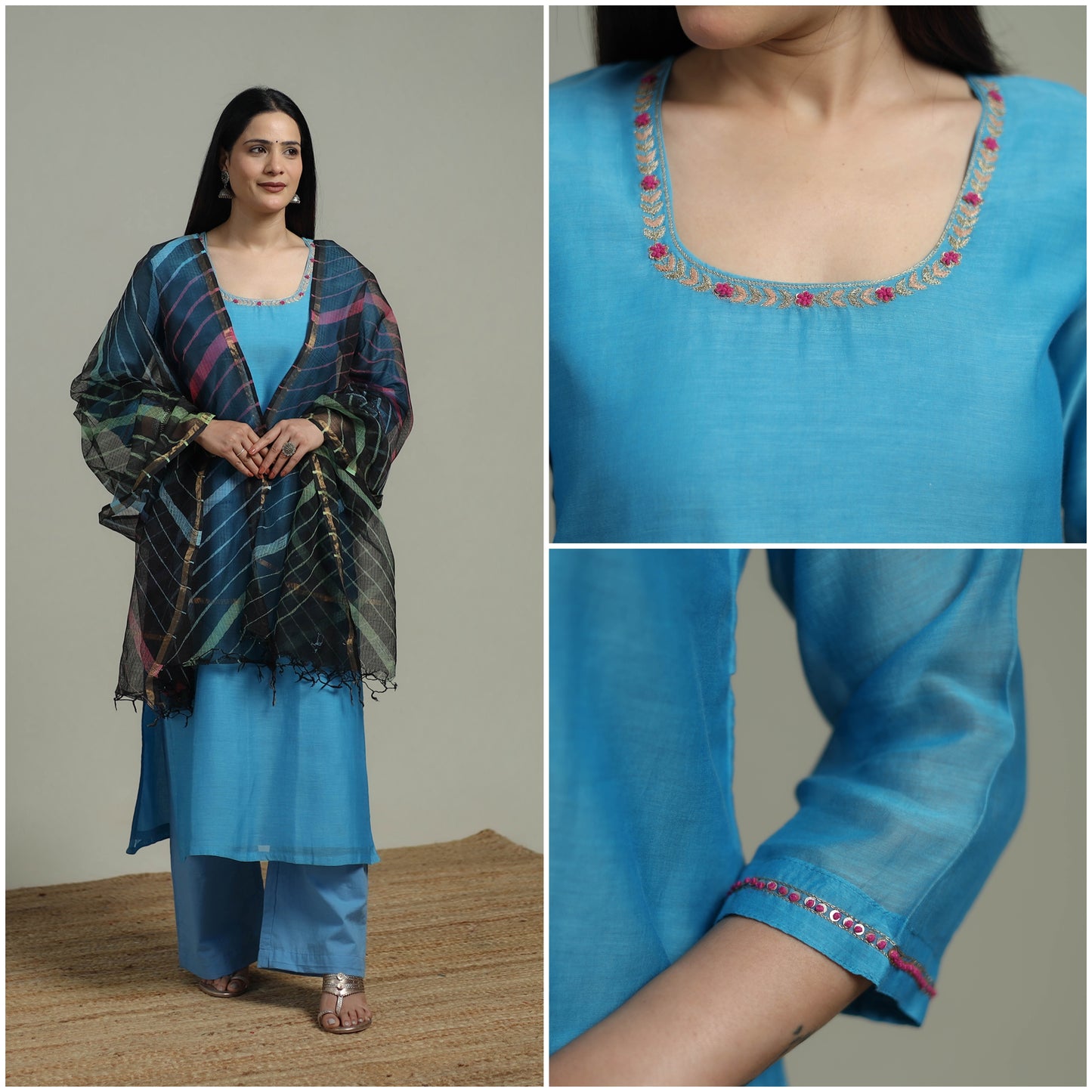 Blue - Plain Handloom Mul Chanderi Silk Hand Embroidered Suit Set with Dupatta for women 10