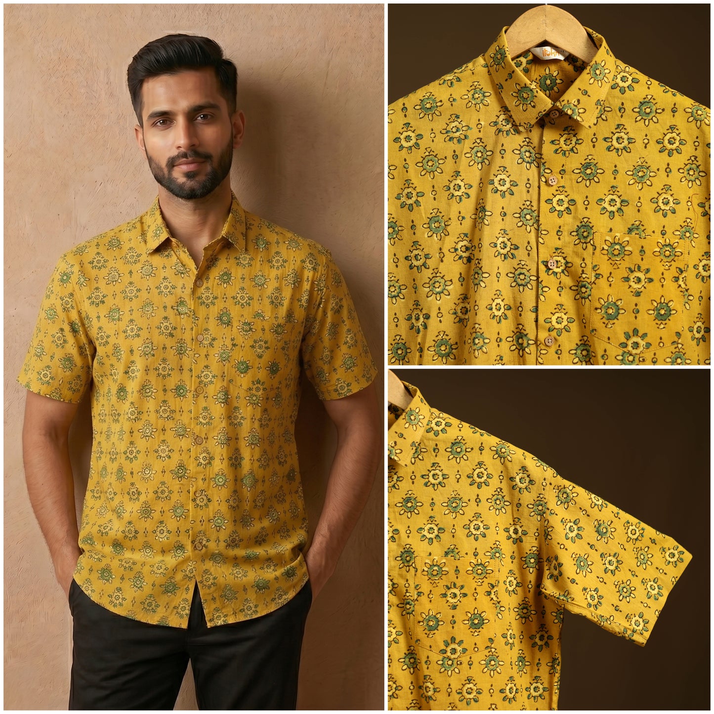 Natural Dyed Hand Block Print Cotton Men Half Sleeve Ajrakh Shirt 09