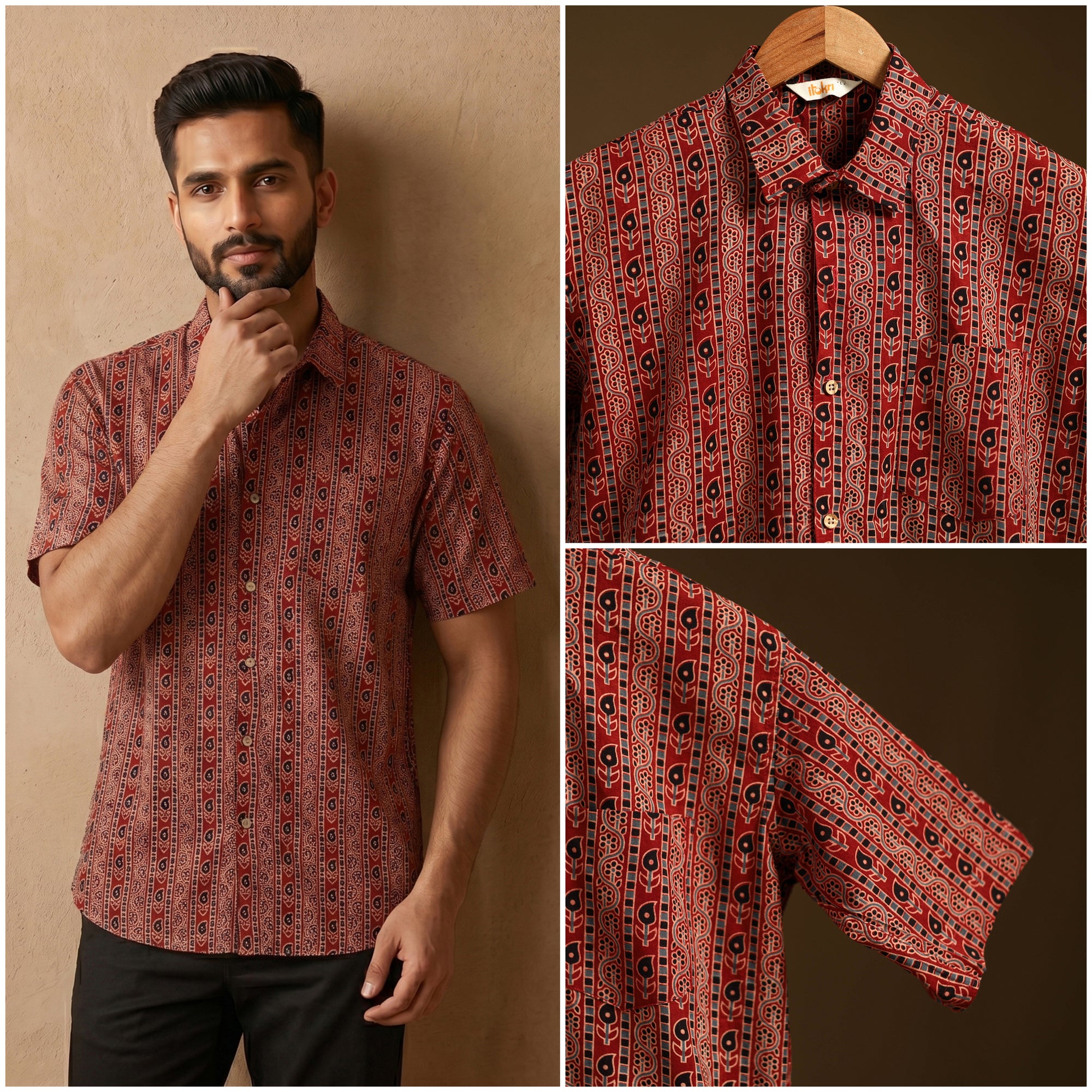 Natural Dyed Hand Block Print Cotton Men Half Sleeve Ajrakh Shirt 12