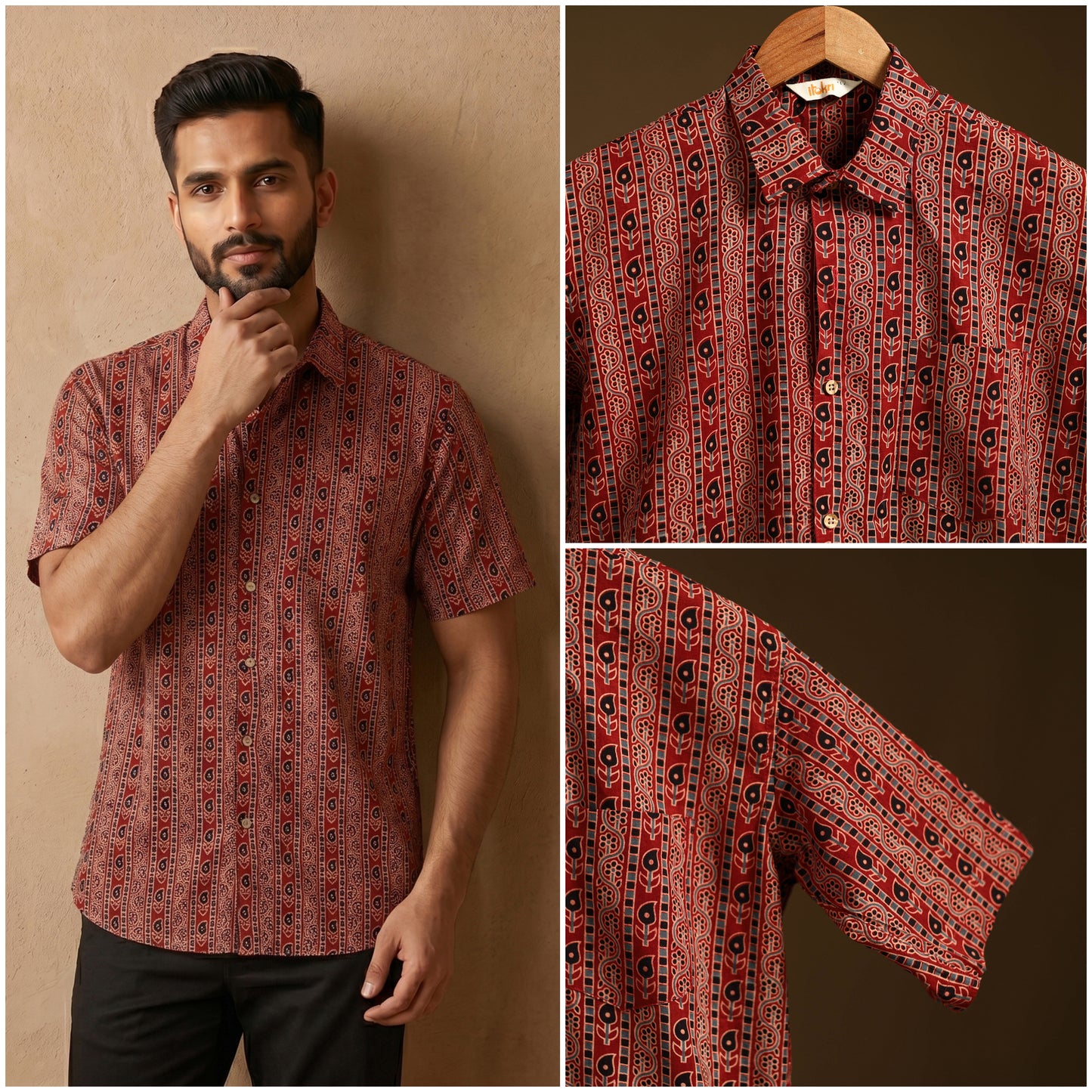 Natural Dyed Hand Block Print Cotton Men Half Sleeve Ajrakh Shirt 12