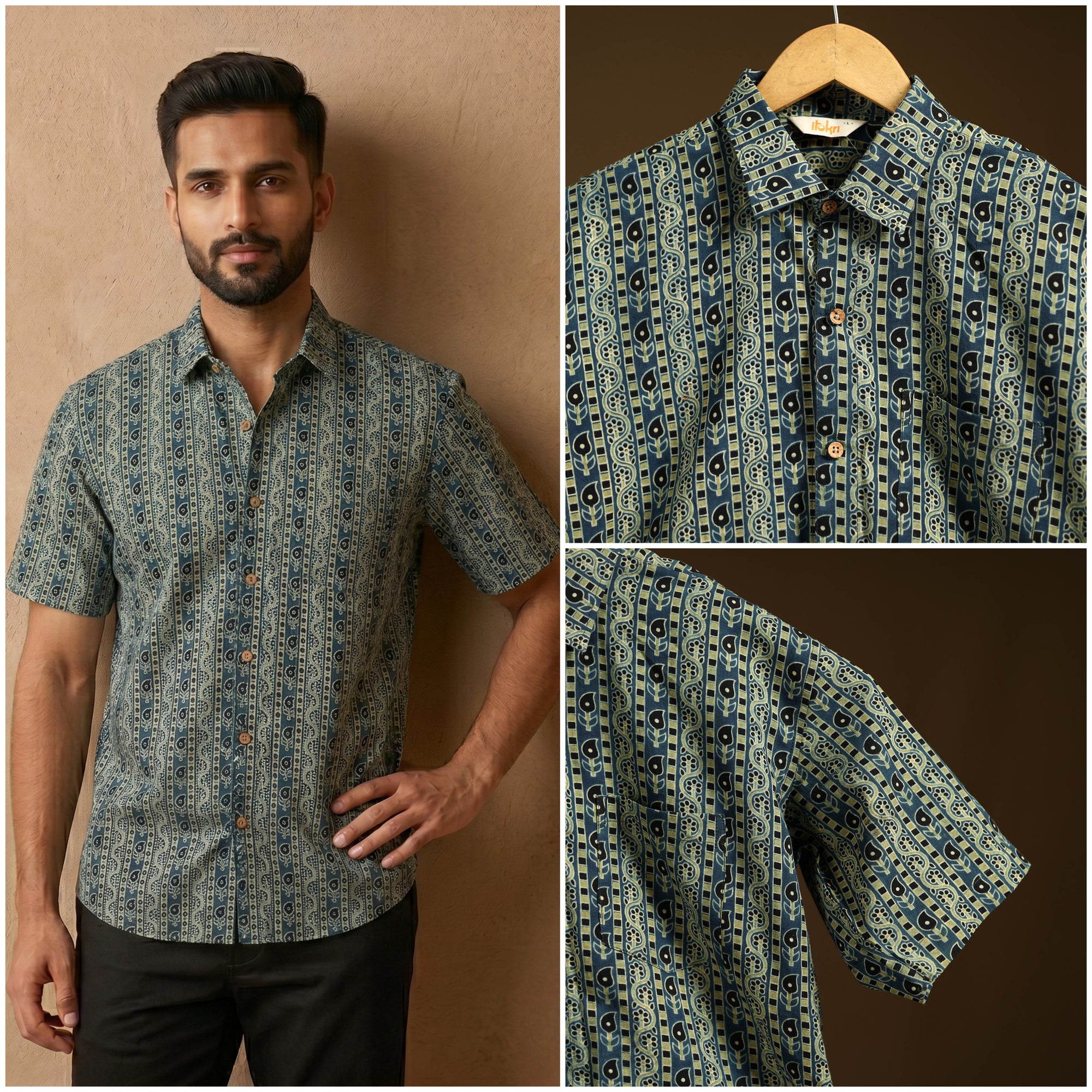 Natural Dyed Hand Block Print Cotton Men Half Sleeve Ajrakh Shirt 13