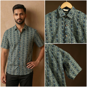 Natural Dyed Hand Block Print Cotton Men Half Sleeve Ajrakh Shirt 13