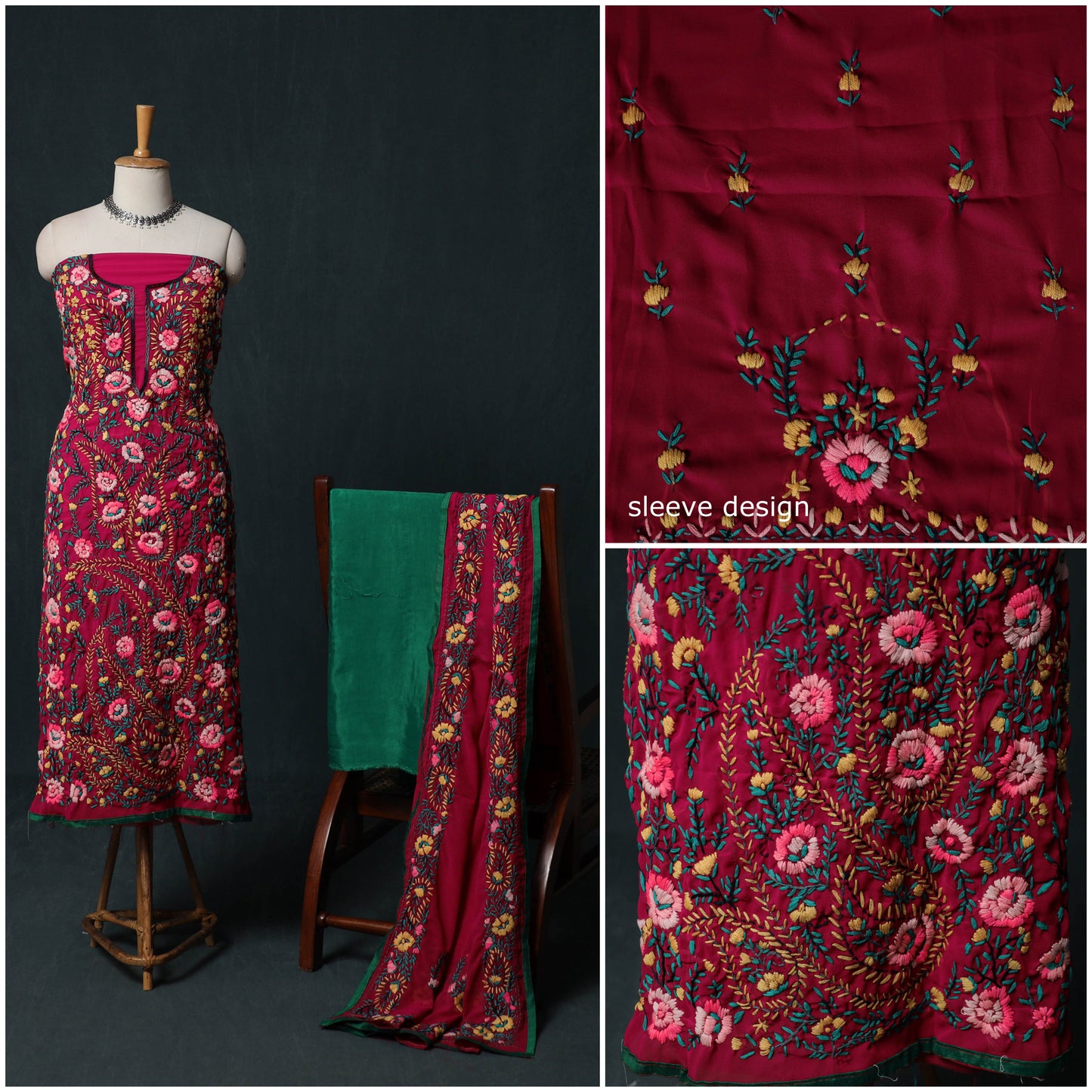 Hand Embroidered Georgette 3pc Unstitched Dress Material Suit Set 18