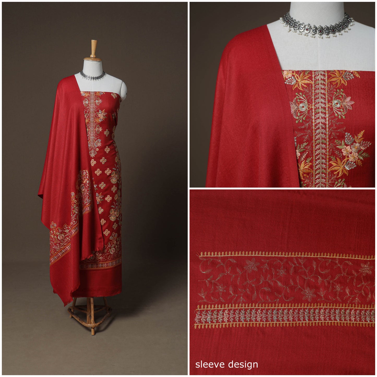 Woolen Heavy Embroidered Unstitched Dress Material: Kurta, Bottom & Dupatta 36