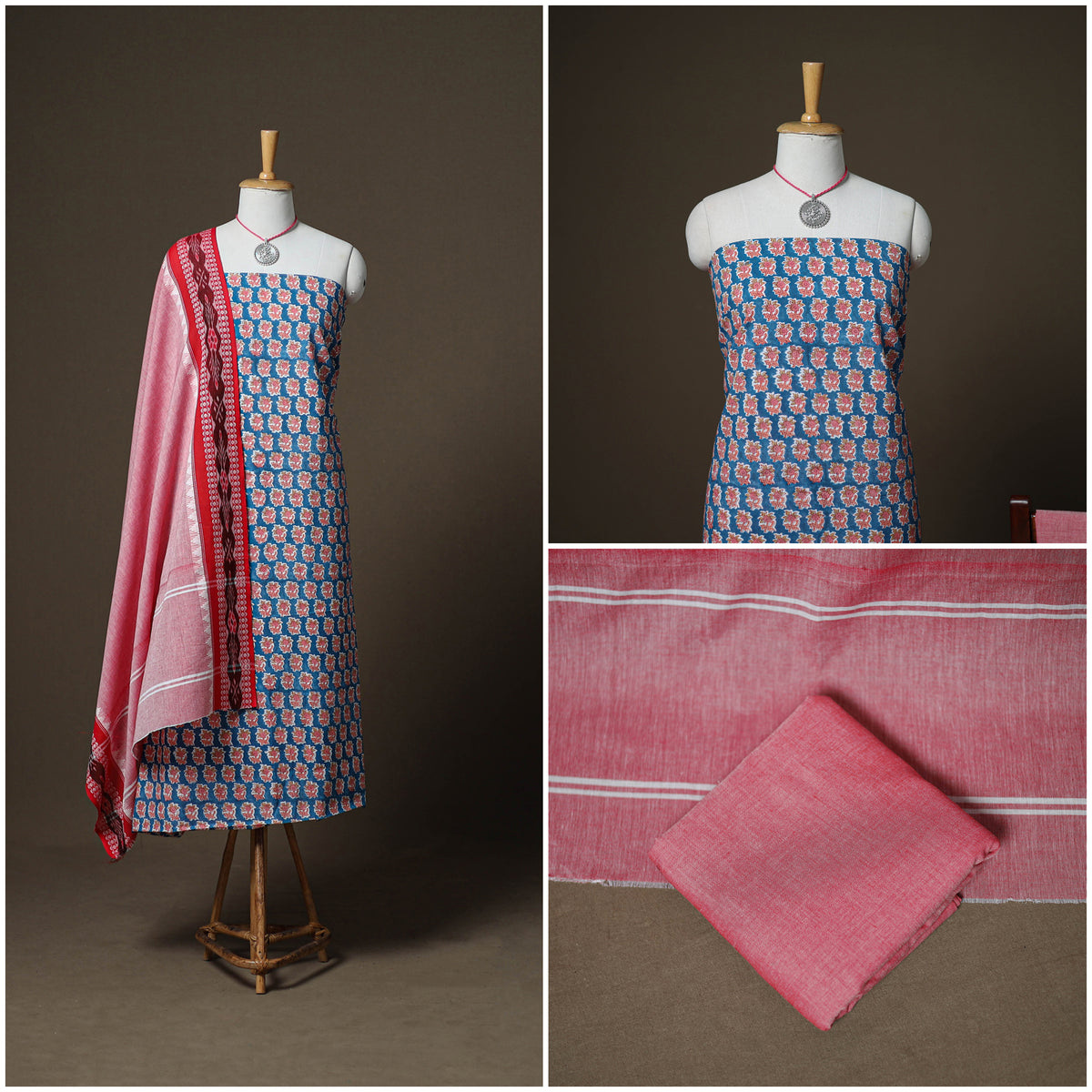 Sanganeri Block Print Cotton Unstitched Dress Material: Kurta, Bottom & Dupatta with Jewellery 21