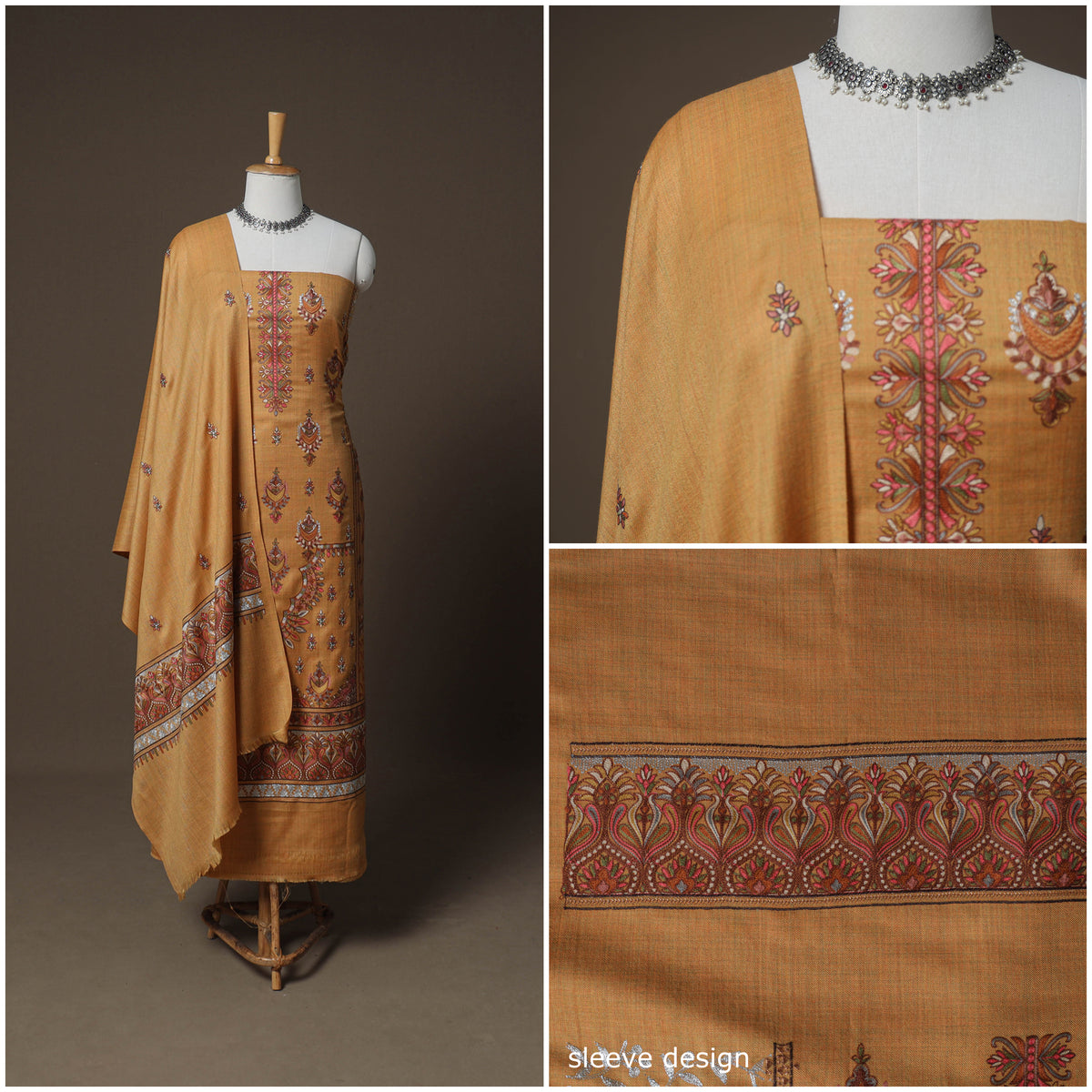 Woolen Heavy Chain Stitch Embroidered Unstitched Dress Material: Kurta, Bottom & Dupatta 40