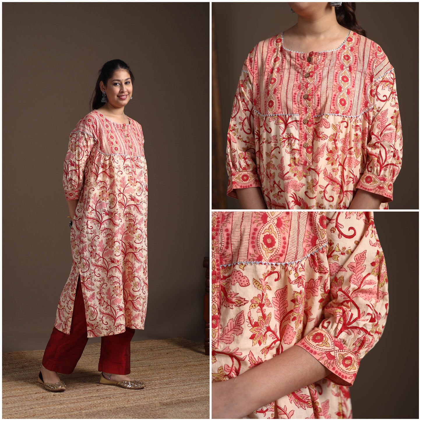 Gota Work Floral Sanganeri Block Print Cotton Straight Long Kurta for Women 01