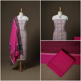 Sanganeri Block Print Cotton Unstitched Dress Material: Kurta, Bottom & Dupatta with Jewellery 11