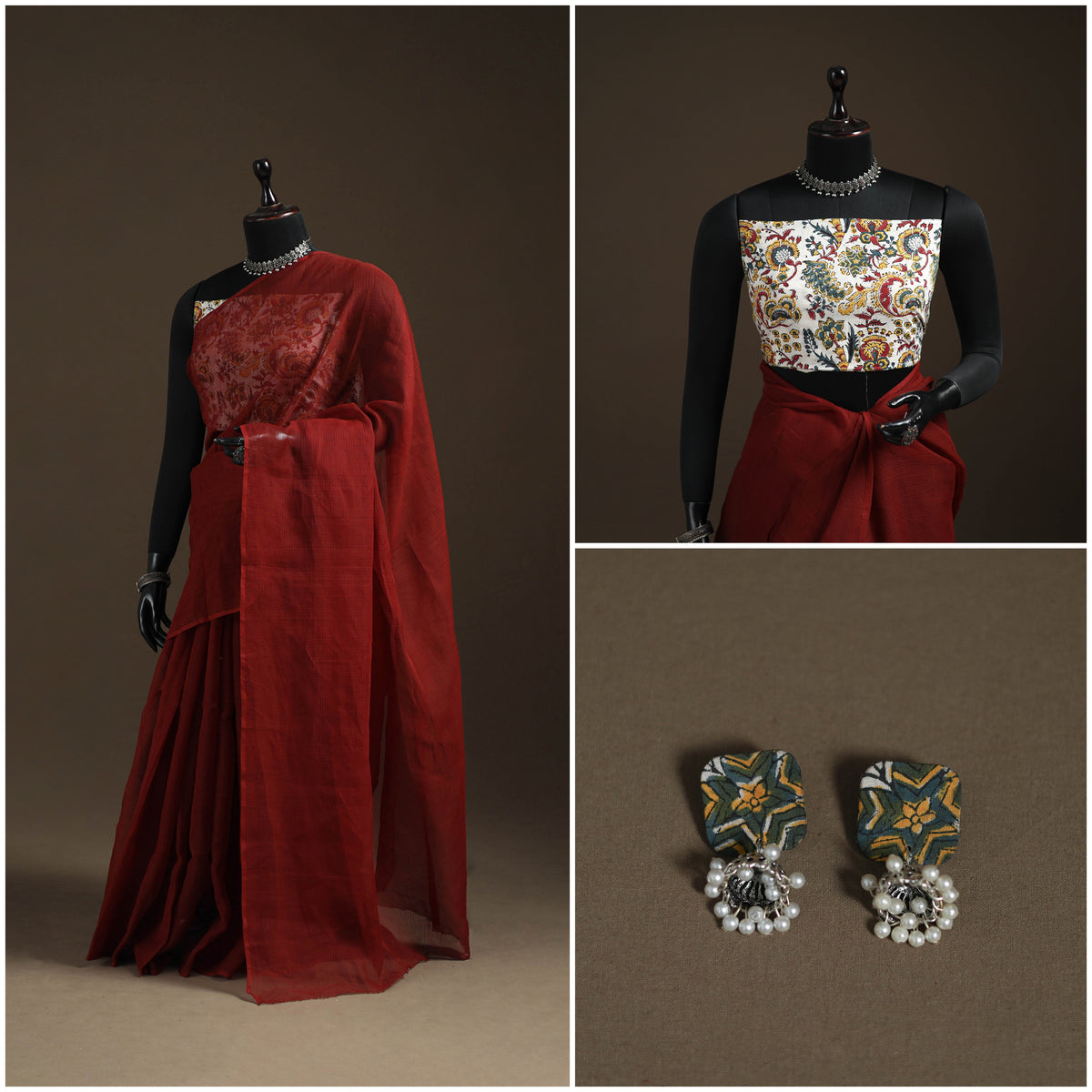 Maroon - Nazaakat Kota Doria Cotton Plain Saree with Blouse Piece & Earrings 01