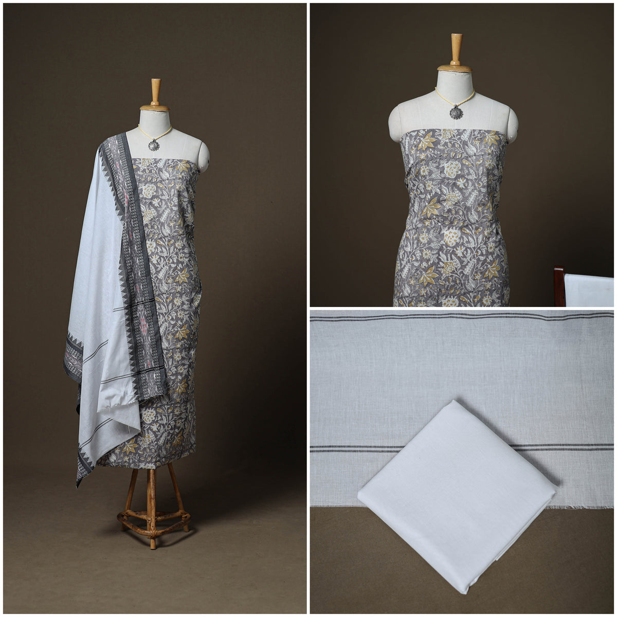 Sanganeri Block Print Cotton Unstitched Dress Material: Kurta, Bottom & Dupatta with Jewellery 17
