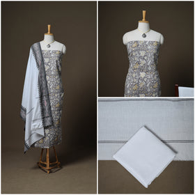 Sanganeri Block Print Cotton Unstitched Dress Material: Kurta, Bottom & Dupatta with Jewellery 17