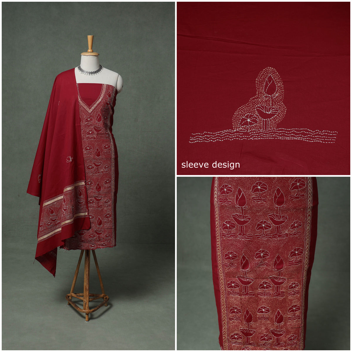 Bengal Kantha Hand Embroidered Cotton Unstitched Dress Material: Kurta, Bottom & Dupatta 07
