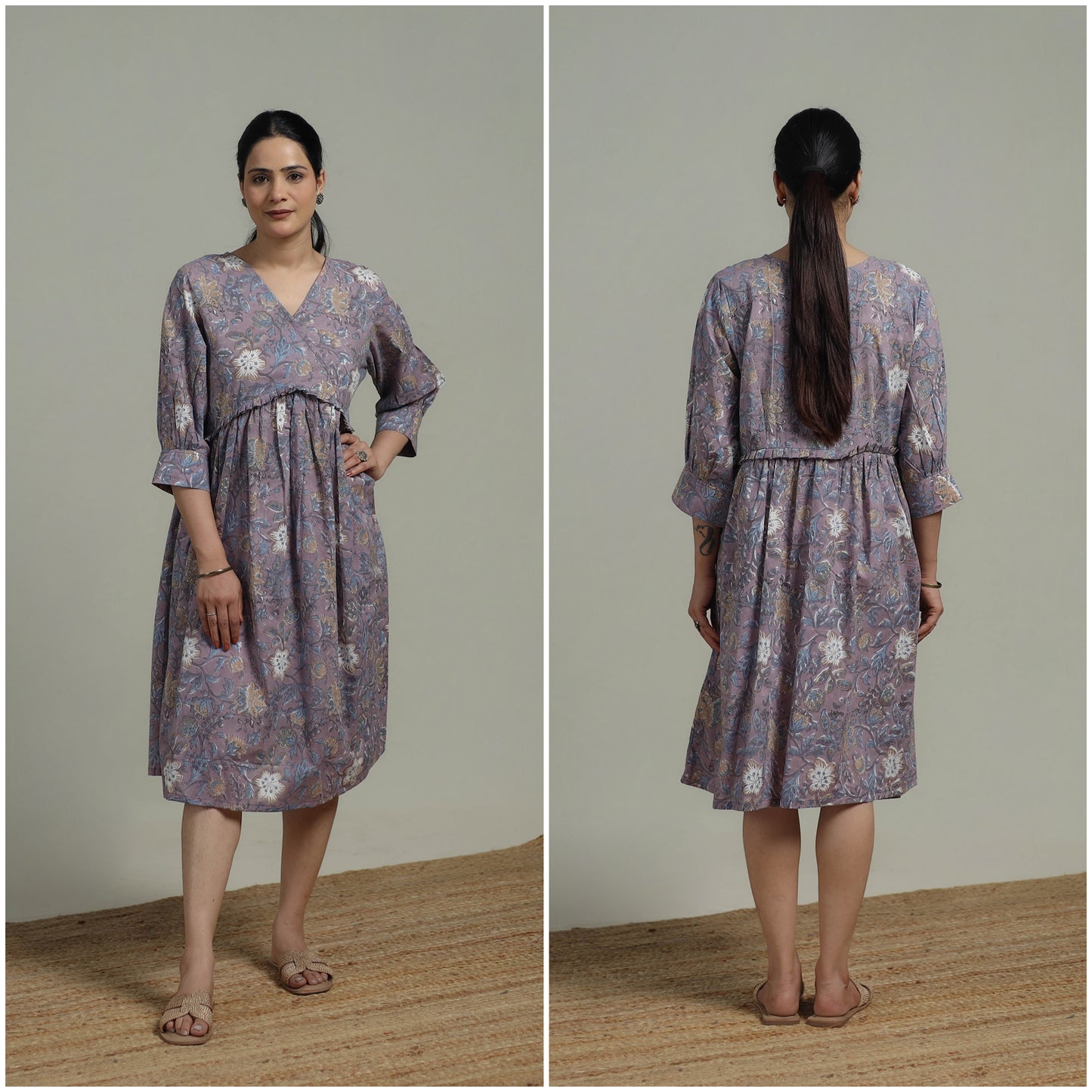 Purple - Sanganeri Hand Block Print Pure Cotton Angrakha Flared Dress 15