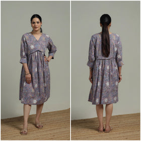 Purple - Sanganeri Hand Block Print Pure Cotton Angrakha Flared Dress 15