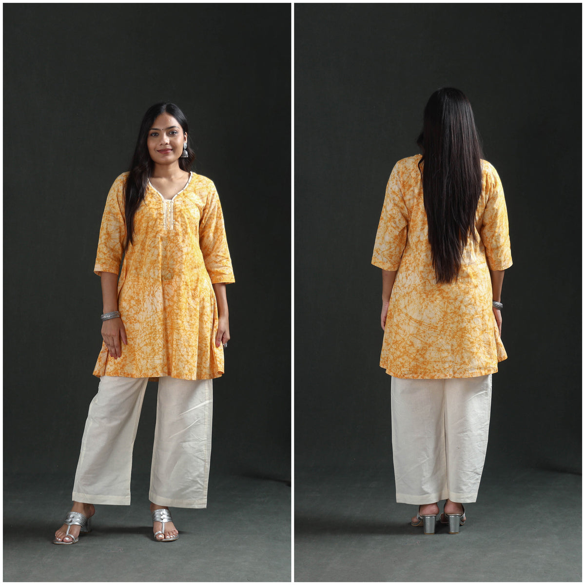 Front and back of the mustard yellow short kurta, full length, in two frames