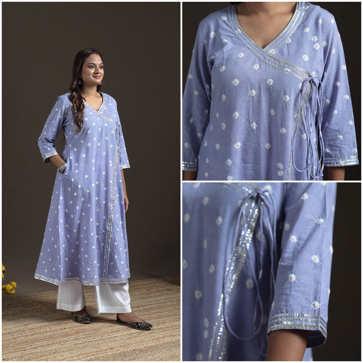 Gota Work Bandhani Tie-Dye Cotton A-Line Long Kurta for Women 15